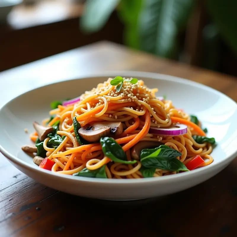 Plato hondo de cerámica blanca con Japchae coreano vegano: fideos de batata translúcidos salteados con zanahoria, espinacas, pimiento rojo y champiñones shiitake, bañados en salsa de sésamo y gochujang, decorados con semillas de sésamo y rodajas de limón al lado.