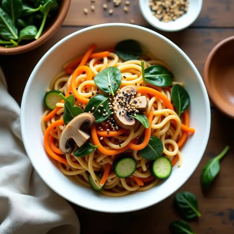 Plato hondo de cerámica blanca con Japchae vegano: fideos de batata transparentes salteados con calabacín en juliana, champiñones shiitake y portobello, zanahoria y espinacas, bañados en salsa de sésamo. Decorado con semillas de sésamo y un hilo de aceite de sésamo tostado.