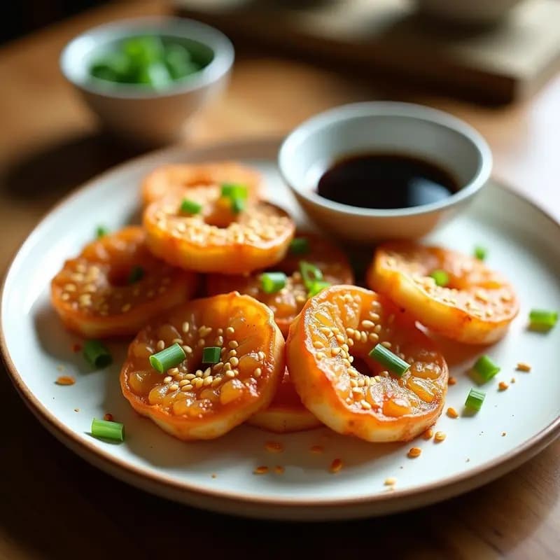 Jeon de calamares y cebolla coreano crujiente en airfryer, dorado por fuera con semillas de sésamo, servido sobre un plato blanco con salsa de soja y cebollino picado.