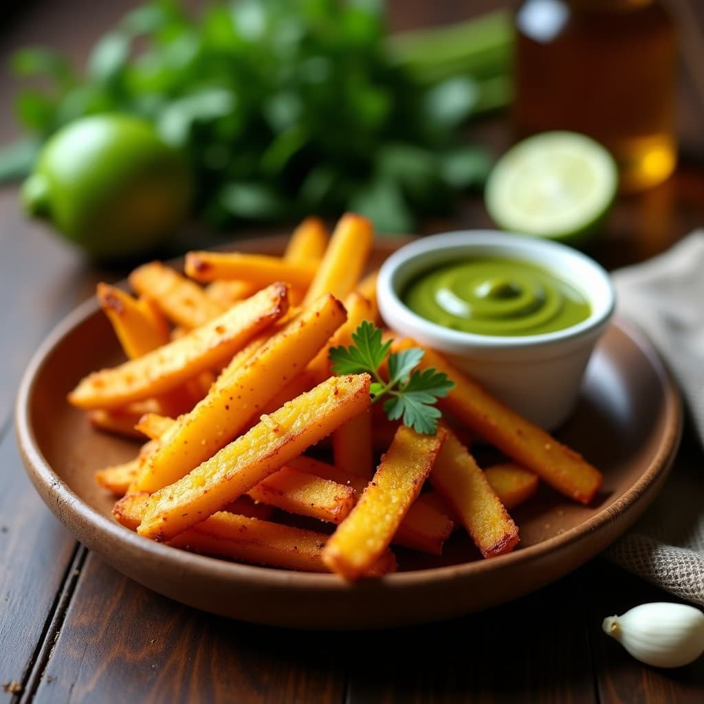 Plato rústico de madera con bastones dorados y crujientes de jiparje de yuca asada, acompañados de un bol pequeño con mojo verde de ajo y cilantro. Fondo borroso con hierbas frescas y limones cortados.