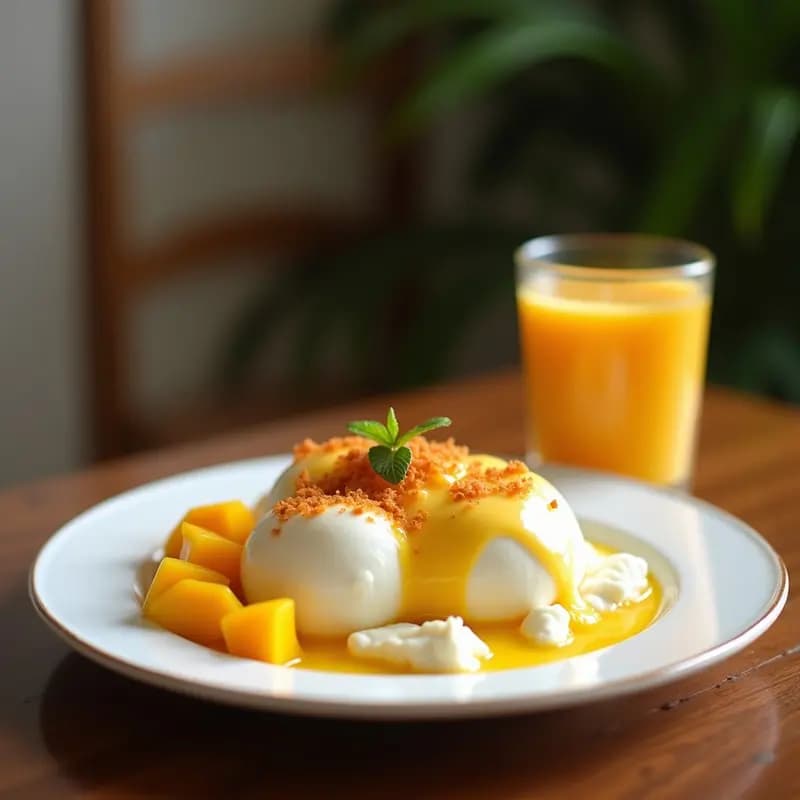 Postre tailandés de Job’s Tears con leche de coco y mango servido en cuenco de cerámica blanca, con gelatina dorada de coco, trozos de mango fresco, coco rallado y semillas de sésamo negro espolvoreadas. Fondo con hojas de menta y luz natural suave.