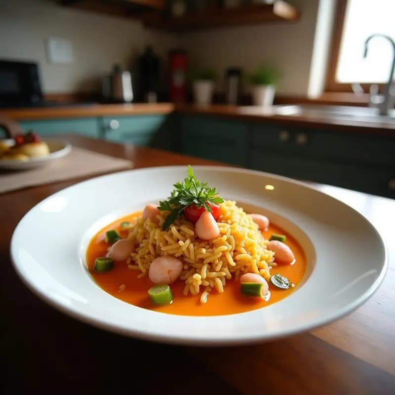 Bol hondo de cerámica negra con Jolle Rice coreano, arroz blanco aromatizado con anchoas, vegetales coloridos salteados (cebolla morada, zanahoria, calabacín y espinacas) y huevos de codorniz fritos. Espolvoreado con semillas de sésamo y decorado con un hilo de aceite de sésamo tostado.
