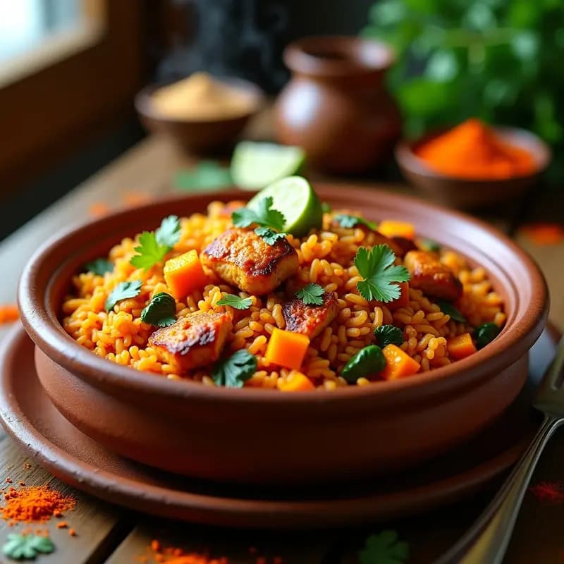 Olla de barro con Jollof Arroz Nigeriano, arroz rojo intenso con trozos de pollo dorado, calabaza asada y espinacas verdes, decorado con rodajas de limón y hojas de cilantro fresco.