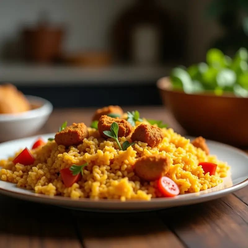 Olla de barro con Jollof Rice nigeriano, arroz amarillo especiado con trozos de pollo jugoso, decorado con rodajas doradas de plátano frito, almendras fileteadas y cilantro fresco. Plato tradicional africano picante y aromático.