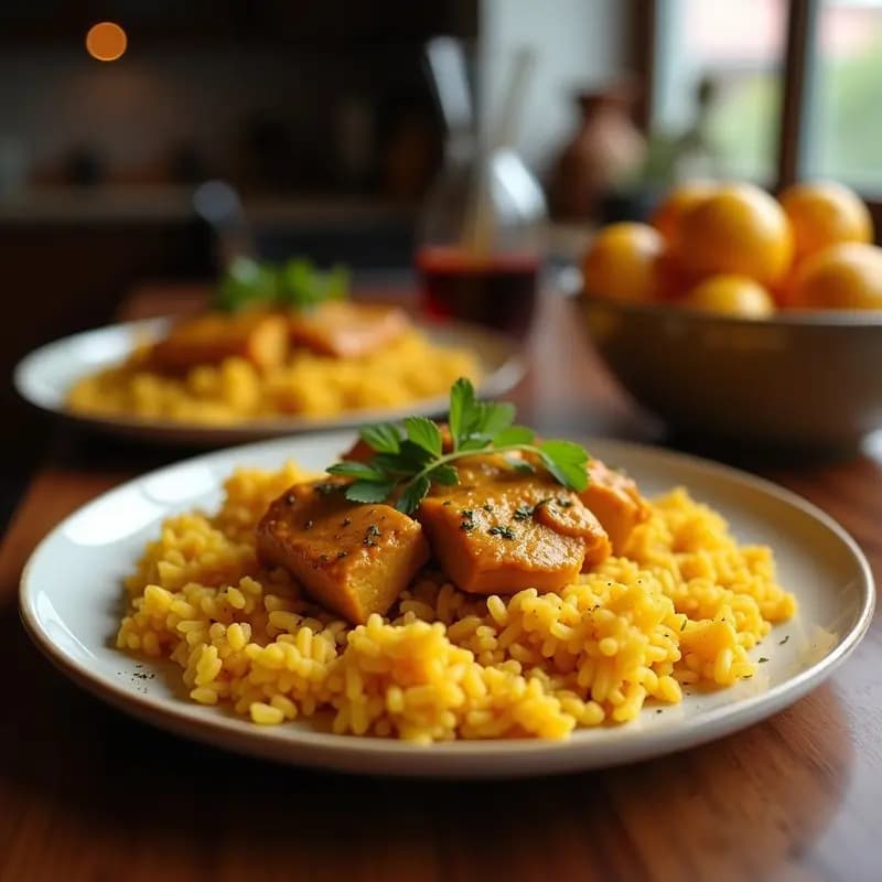 Plato colorido de Jollof Rice con pollo al curry y plátanos fritos, arroz naranja especiado, trozos de pollo dorado y rodajas de plátano crujientes sobre un fondo rústico.