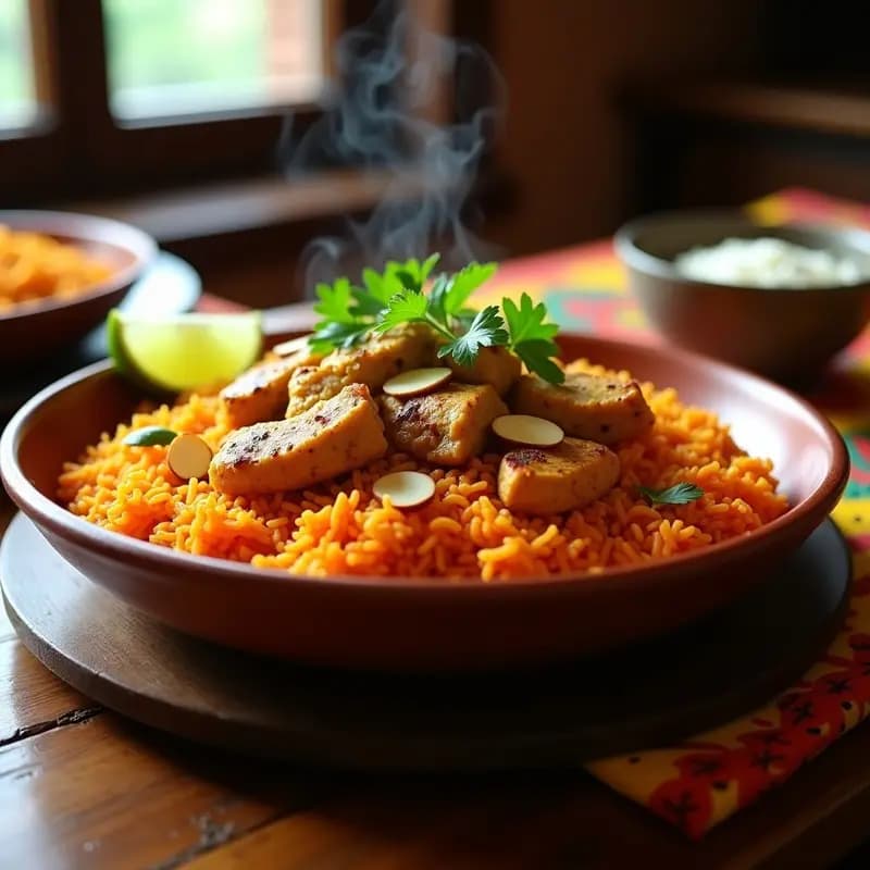 Plato hondo de barro con Jollof Rice nigeriano, arroz rojo aromático y trozos de pollo al curry dorado, decorado con almendras fileteadas y cilantro fresco. Receta africana picante y colorida.