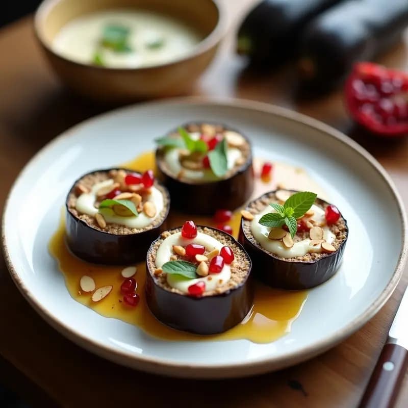 Plato de cerámica blanca con rollitos de berenjena asada rellenos de queso de cabra, bañados en salsa de yogur especiado con almendras tostadas y semillas de granada. Decorado con hojas de hierbabuena fresca. Entrante georgiano al horno con toque especiado.