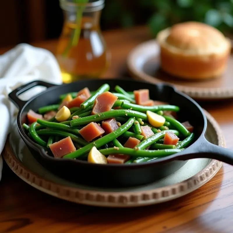 Sartén de hierro con salteado de judías verdes tiernas, taquitos de jamón serrano dorado y ajos enteros entreverados, sobre fondo rústico de madera. Receta rápida y tradicional española de acompañamiento.