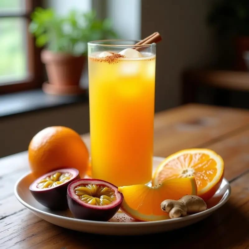 Vaso alto transparente con jugo de granadilla y naranja, espolvoreado con canela, rodeado de rodajas de naranja y granadillas abiertas sobre una mesa rústica de madera, con hielo flotando y luz natural.