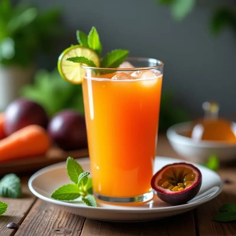 Vaso alto transparente con jugo de maracuyá y zanahoria de color naranja intenso, decorado con una rodaja de limón y hojas de menta, sobre fondo rústico de madera con maracuyás y zanahorias frescas al lado.