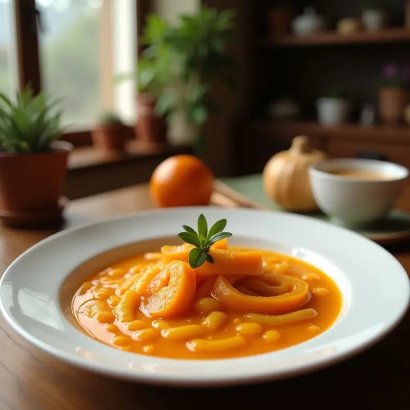 Vaso alto transparente con jugo de naranja y zanahoria con jengibre, de color vibrante entre naranja y morado, decorado con rodaja de naranja sanguina y pizca de jengibre rallado. Fondo de cocina natural con ingredientes frescos: zanahorias moradas, naranjas y trozo de jengibre.