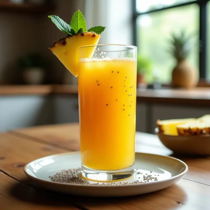 Vaso alto transparente con jugo de noni y piña con chía, de color ámbar con puntos negros de semillas de chía en suspensión. Decorado con una rodaja de piña y hielo picado. Fondo claro con hojas de menta para resaltar la bebida detox polinesia.