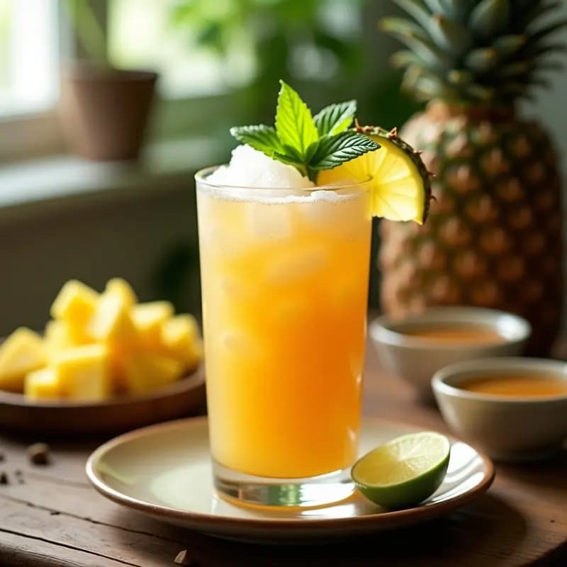 Vaso alto transparente con jugo de noni y piña con miel de agave, decorado con hojas de menta y rodajas de limón, servido sobre una mesa de madera rústica con fondo tropical.