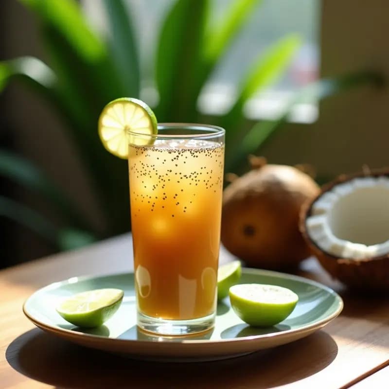 Vaso alto transparente con jugo de nonis y jengibre de color ámbar oscuro, decorado con rodaja de limón verde y trocito de jengibre fresco. Fondo de hojas de cilantro y fruta de nonis entera sobre mesa de madera rústica. Bebida caribeña para fortalecer el sistema inmunológico.