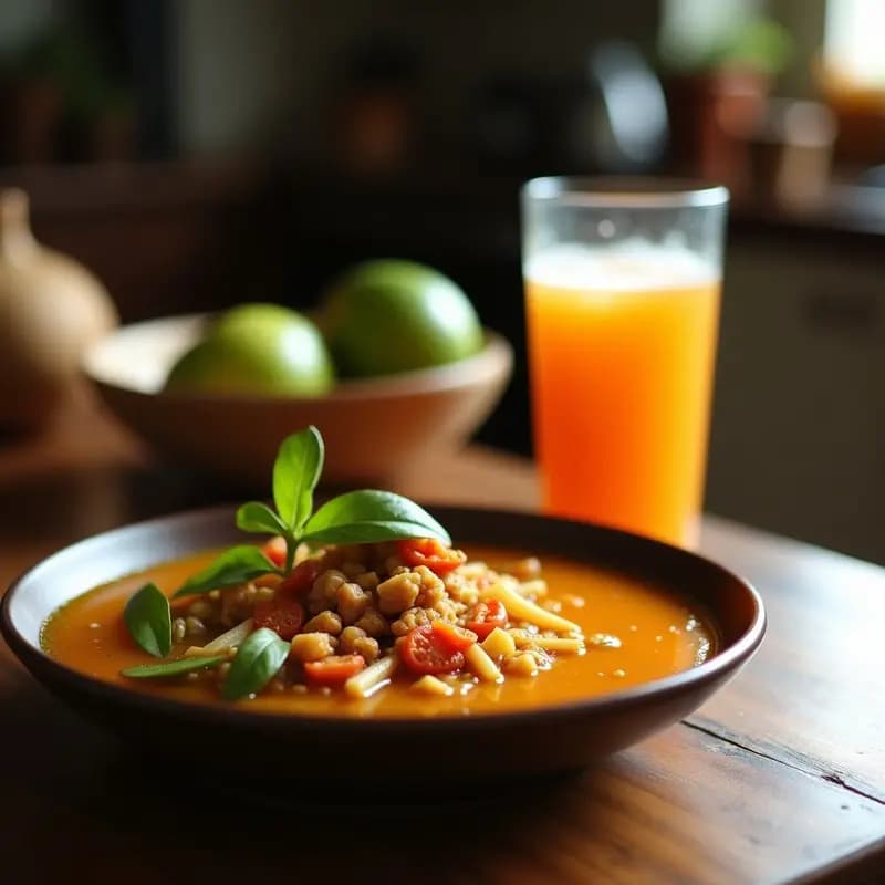 Vaso alto transparente con jugo de tamarindo y jengibre con agua de coco, decorado con semillas de ajonjolí y una rodaja de limón, sobre una mesa de madera rústica con fondo de hojas de plátano.