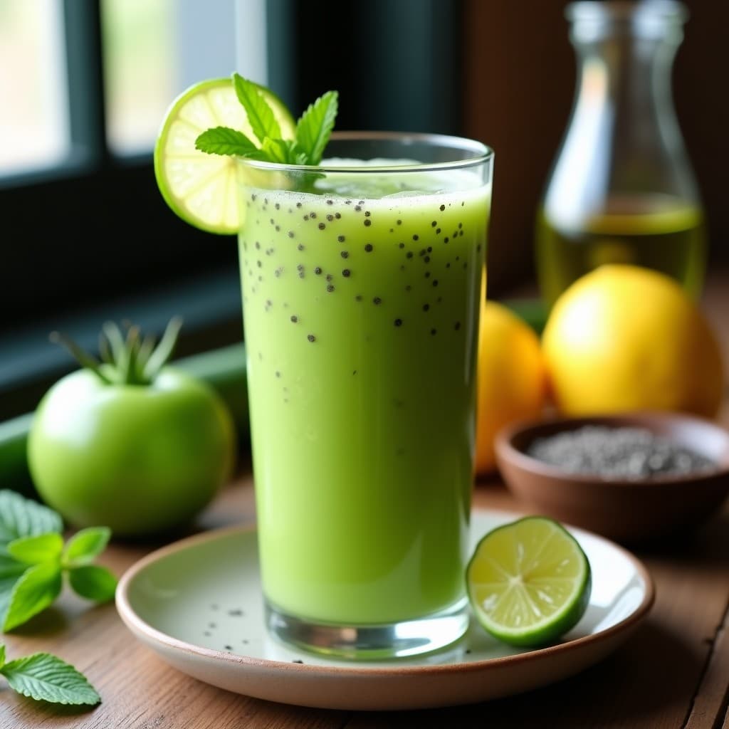 Vaso alto transparente con jugo de tomate verde y pepino con chía, de color verde claro con semillas de chía en suspensión, decorado con hojas de menta y rodajas de limón verde, sobre fondo de madera rústica con ingredientes frescos alrededor.