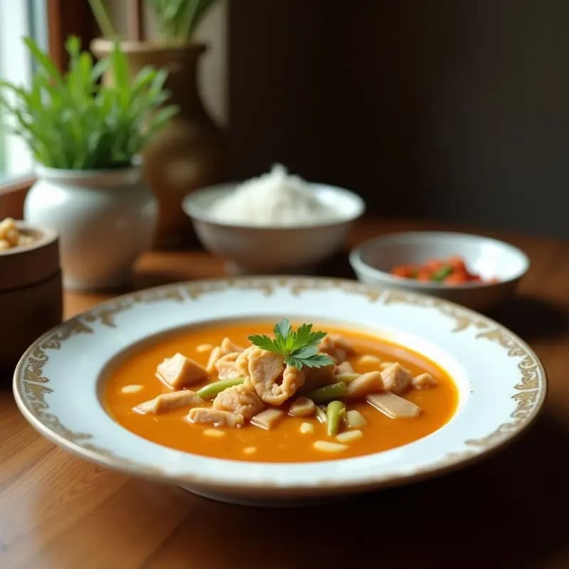 Tazón hondo de cerámica oscura con K hät de pollo y coco, sopa camboyana cremosa de color dorado, trozos de pollo tierno, hojas de kaffir y cilantro fresco. Fondo borroso con especias y limoncillo.