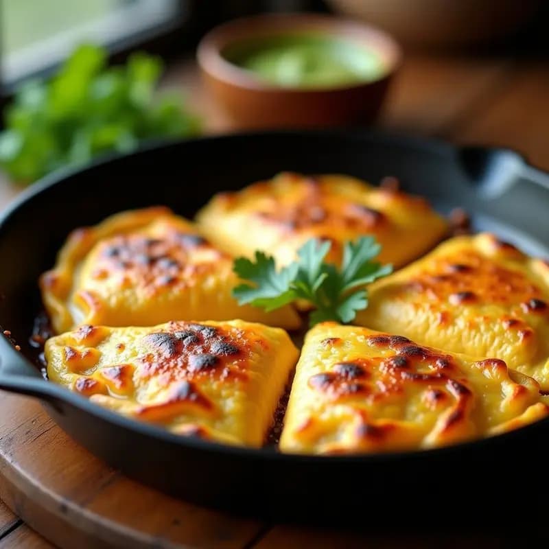 Plato de madera con Cachi Parathas dorados y humeantes, rellenos de queso paneer y especias, servidos con yogur y chutney verde, receta de pan indio en sartén.