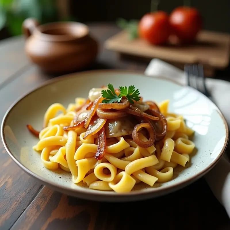 Plato hondo de cerámica blanca con Kaese Spätzle sin gluten bañados en queso fundido Emmentaler y Gruyère, coronados con cebolla morada caramelizada brillante y cebollino fresco. Fondo rústico con servilleta de lino.