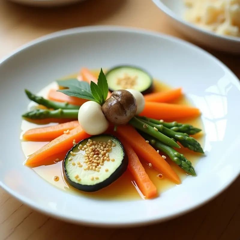 Plato blanco minimalista con kaiseki de verduras al vapor: rodajas de calabacín, berenjena, zanahoria en bastones, espárragos y champiñones shiitake, bañados con salsa ponzu y decorados con jengibre rallado y sésamo tostado. Presentación elegante y colorida.