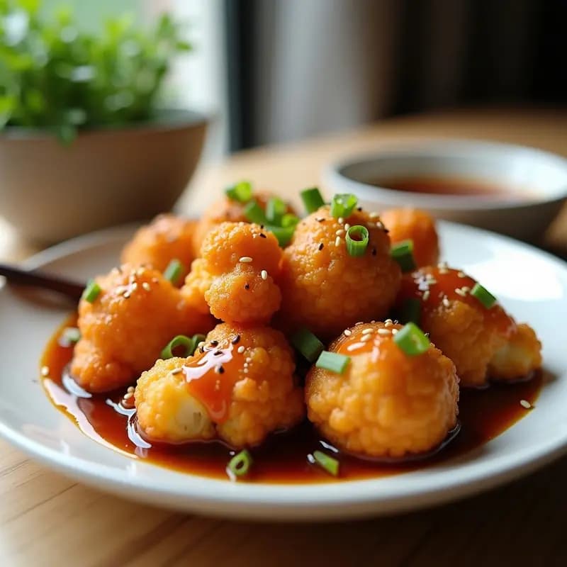 Plato blanco con karaage de coliflor vegano dorado y crujiente, glaseado con salsa teriyaki brillante, espolvoreado con semillas de sésamo y cebollino fresco. Fondo minimalista con tenedor de madera.