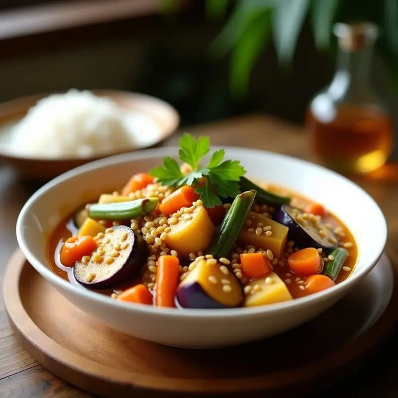 Bol hondo de cerámica oscura con Kare-Kare vegano: estofado espeso de jackfruit desmenuzado, berenjena, judías verdes y col china bañados en salsa de maní cremosa. Espolvoreado con maní tostado picado y acompañada de arroz jazmín blanco. Receta filipina sin colesterol.