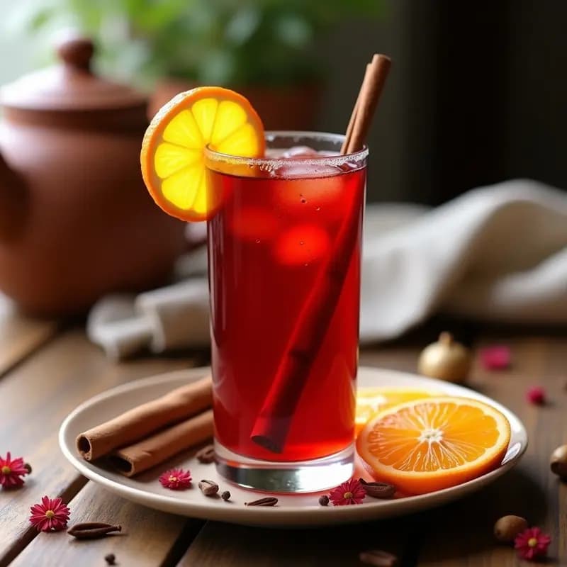 Vaso transparente con Karkadé Egipcio frío, de color rubí intenso, decorado con una rodaja de naranja y una rama de canela, sobre una mesa de madera rústica con hierbas secas al fondo.