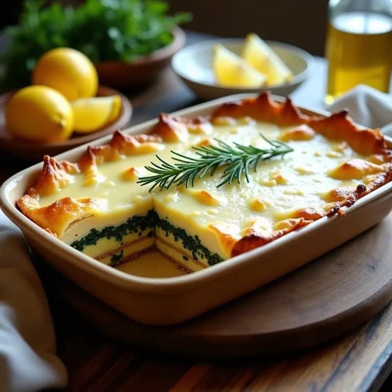 Pastel griego vegano kastro en molde rectangular, con capas visibles de papas doradas, relleno de pollo vegano y espinacas, cubierto de bechamel de anacardo cremosa y gratinada.