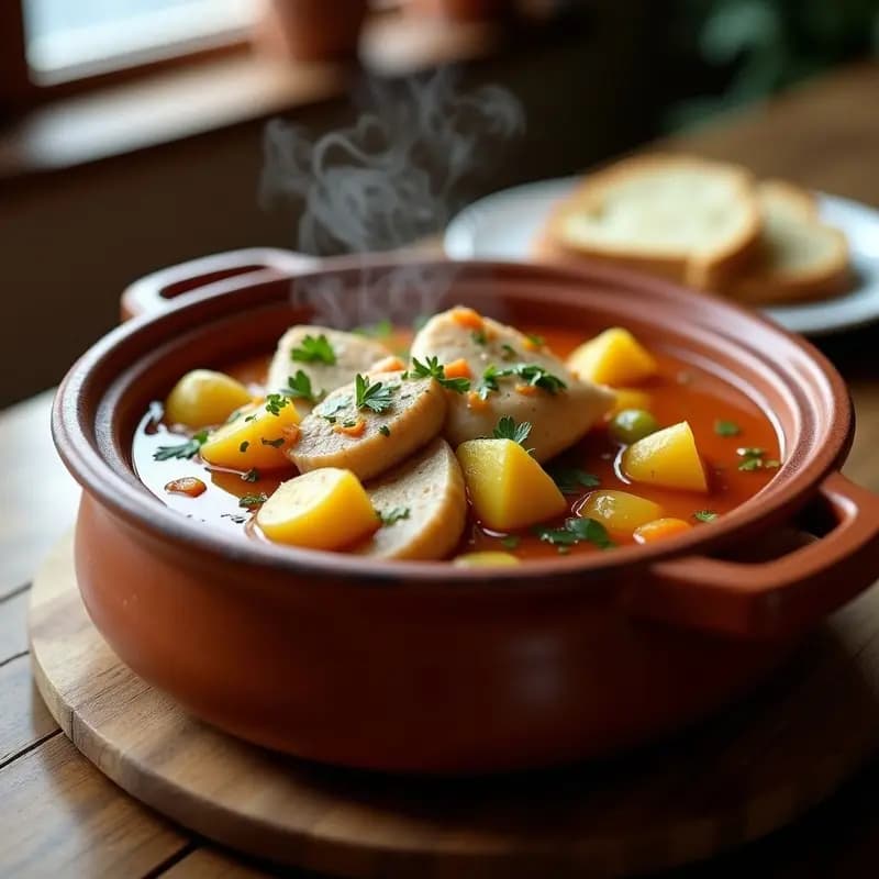 Cazuela de barro humeante con Katemó de Patata y Merluza, guiso unegro tradicional con trozos de patata dorada, lomos de merluza blancas y caldo espeso, decorado con perejil fresco.