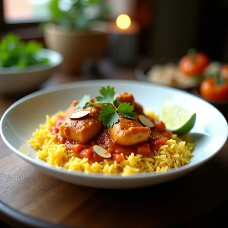 Plato hondo de cerámica blanca con Katherine’s Chicken Curry, salsa dorada espesa con trozos de pollo, almendras fileteadas y cilantro fresco, acompañado de arroz basmati aromatizado con cardamomo y clavo.