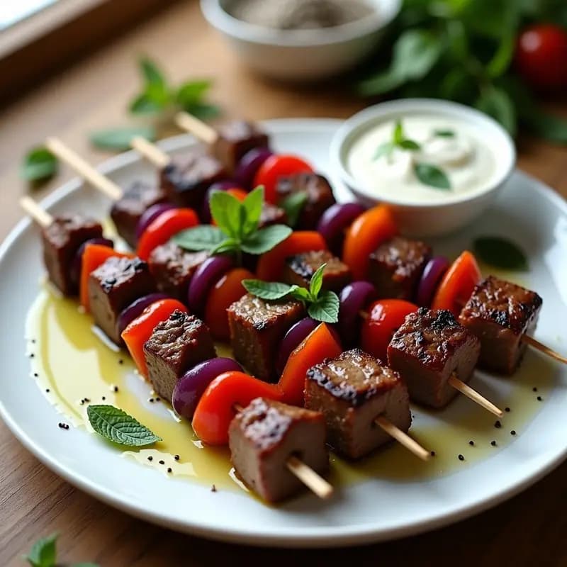 Brochetas de kebabs de cordero asadas a la parrilla con trozos de cebolla morada y pimiento rojo, servidas en plato de cerámica blanca con salsa de yogur y menta fresca al lado, receta turca con hierbas provenzales.