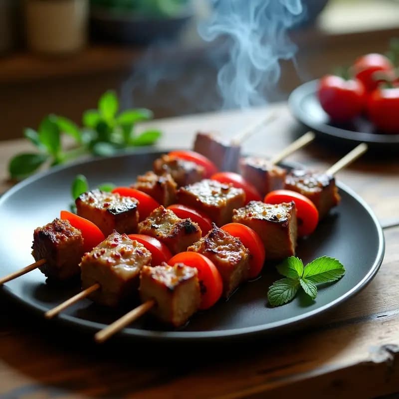 Brochetas de cordero dorado en parrilla BBQ, adornadas con trozos de cebolla morada, pimiento rojo y tomates cherry, espolvoreadas con especias sumac y ajo. Plato persa tradicional con fondo de brasas y humo.