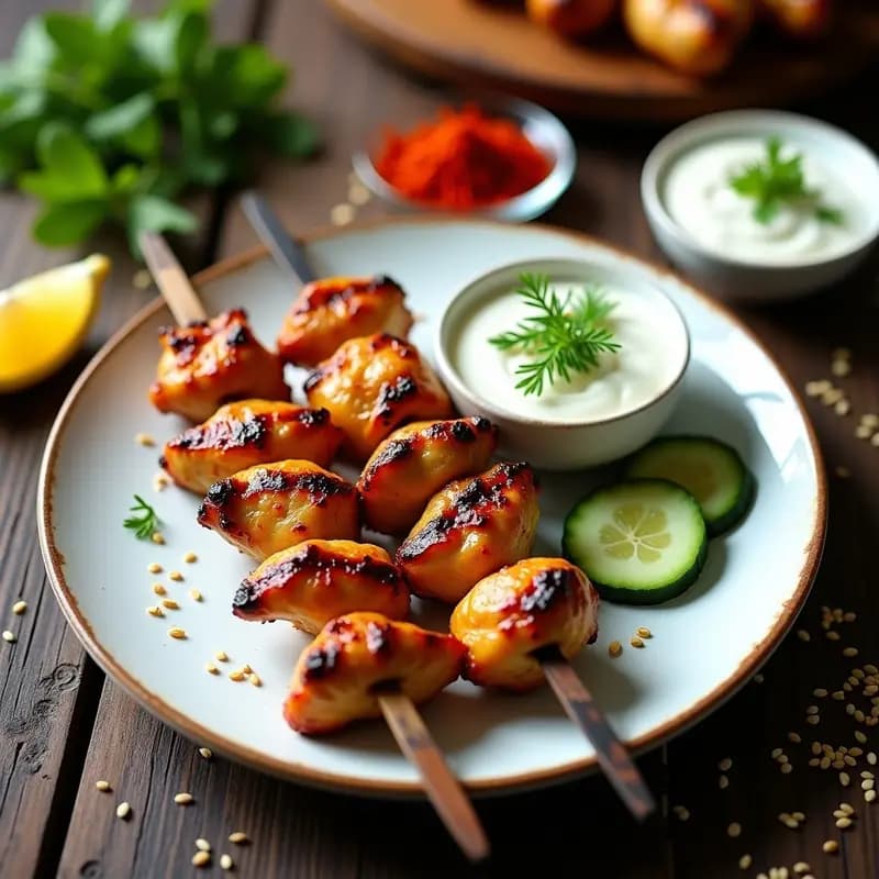 Kebabs de pollo dorados en palillos de madera sobre un plato de cerámica blanca, acompañados de ensalada de pepino con yogur y hierbas frescas, receta persa en grill con especias y azafrán.