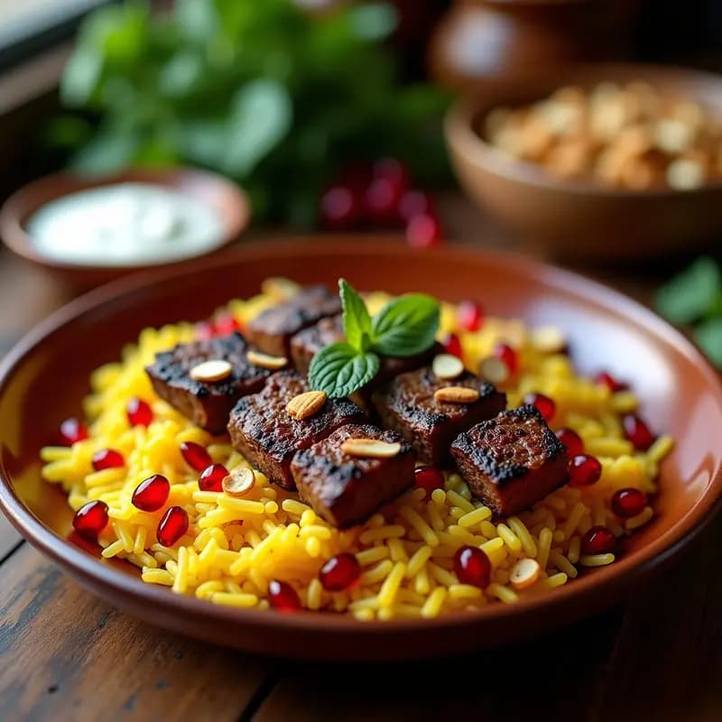 Plato festivo iraní con kebabs de ternera dorados servidos sobre arroz basmati aromatizado con azafrán, decorados con granos de granada rojos, almendras tostadas y hojas de menta fresca.