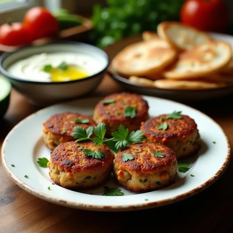 Kebe armenio dorado y crujiente en forma de hamburguesa, con especias visibles en la superficie, acompañado de salsa de yogur con menta y pan de pita tostado sobre un plato de cerámica blanca.