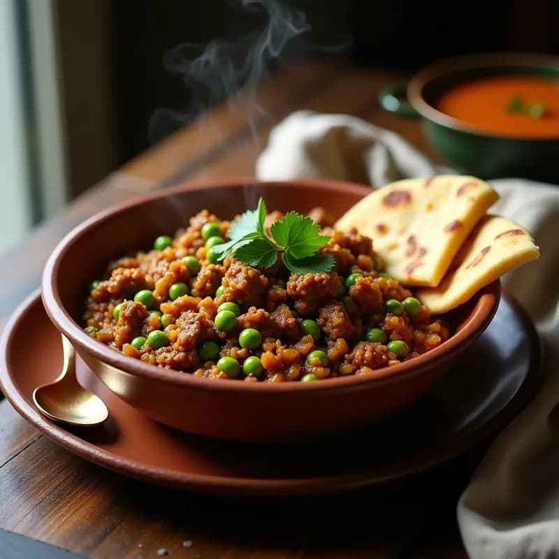 Plato hondo de barro con Keema Matar pakistaní: carne picada de cordero estofada con guisantes verdes, especias garam masala y cilantro fresco, servido con naan dorado al lado.