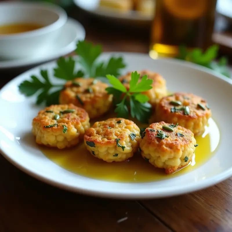 Keftedes griegas doradas y crujientes de garbanzos y zucchini en airfryer, servidas en plato blanco con hierbas frescas y semillas de calabaza, receta alta en hierro.