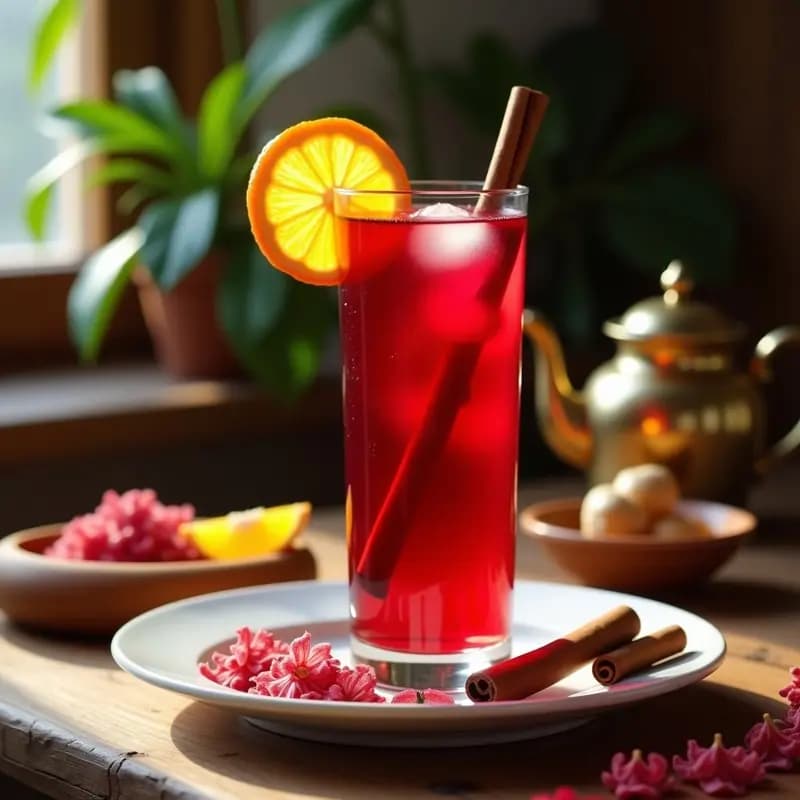 Vaso alto de cristal con Kerkades frío, bebida egipcia de color rojo intenso, decorado con rodajas de naranja, una rama de canela y pimienta rosa sobre una mesa de madera rústica con flores de hibisco secas al fondo.
