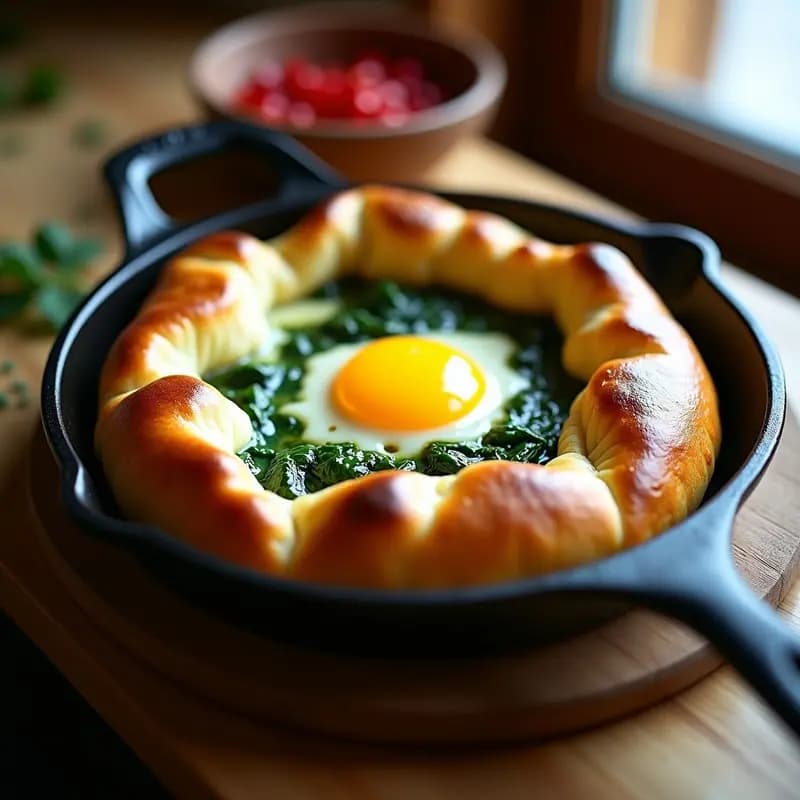 Khachapuri georgiano en sartén con espinacas frescas, queso sulguni derretido y huevo en el centro, dorado y burbujeante, sobre fondo rústico.