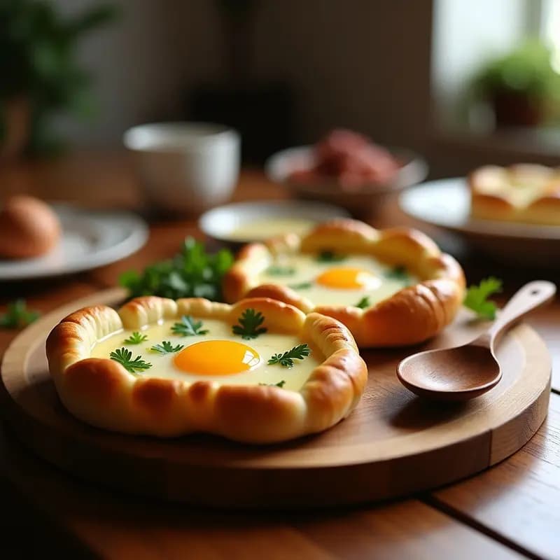 Khachapuri georgiano en forma de barco sobre bandeja de madera, con pan dorado y esponjoso, queso sulguni fundido y elástico, huevo campero con yema líquida en el centro, decorado con cilantro y eneldo fresco, servido con cuchara de madera.