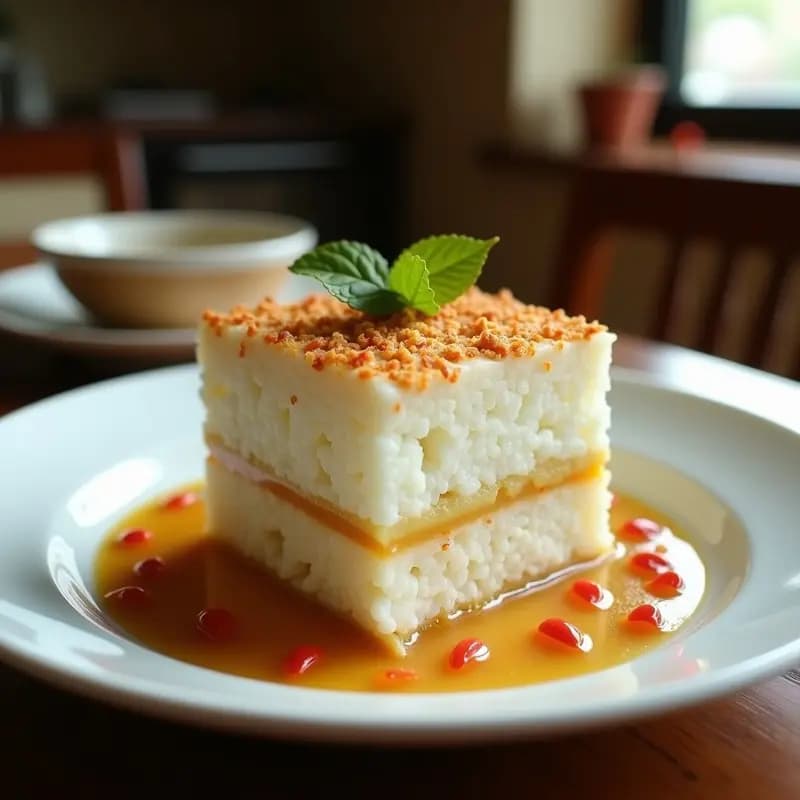 Postre tailandés Khanom Chan en capas verdes y blancas alternadas, con coco rallado en la superficie, servido en un plato de cerámica blanca sobre fondo de madera oscura.