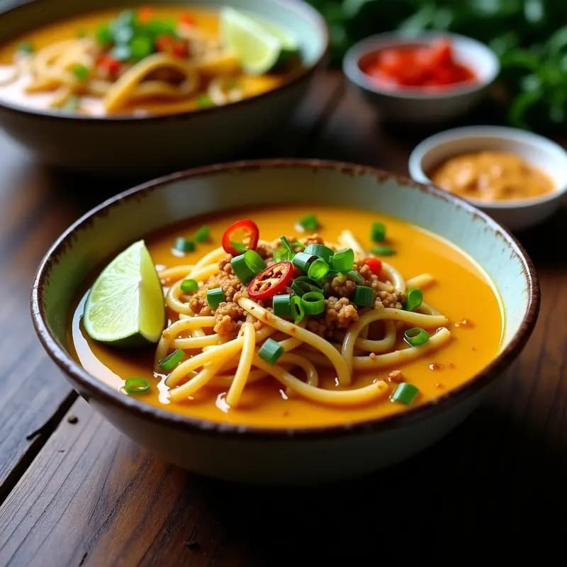 Bowl hondo con Khao Soi tailandés vegano, fideos de lentejas y arroz bañados en salsa de curry amarillo cremosa, decorado con cebollino, anacardos tostados y rodajas de chile rojo sobre fondo de madera oscura.