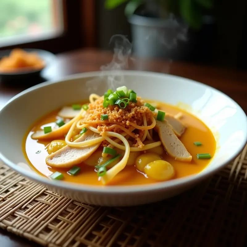 Cuenco hondo de cerámica blanca con Khao Soi tailandés: curry cremoso de pollo en salsa de leche de coco y especias, fideos de huevo amarillos sumergidos, decorado con cebolla frita crujiente, cacahuetes picados, rodajas de lime y cilantro fresco. Plato vibrante con colores dorados, verdes y blancos, típico de la cocina del norte de Tailandia.