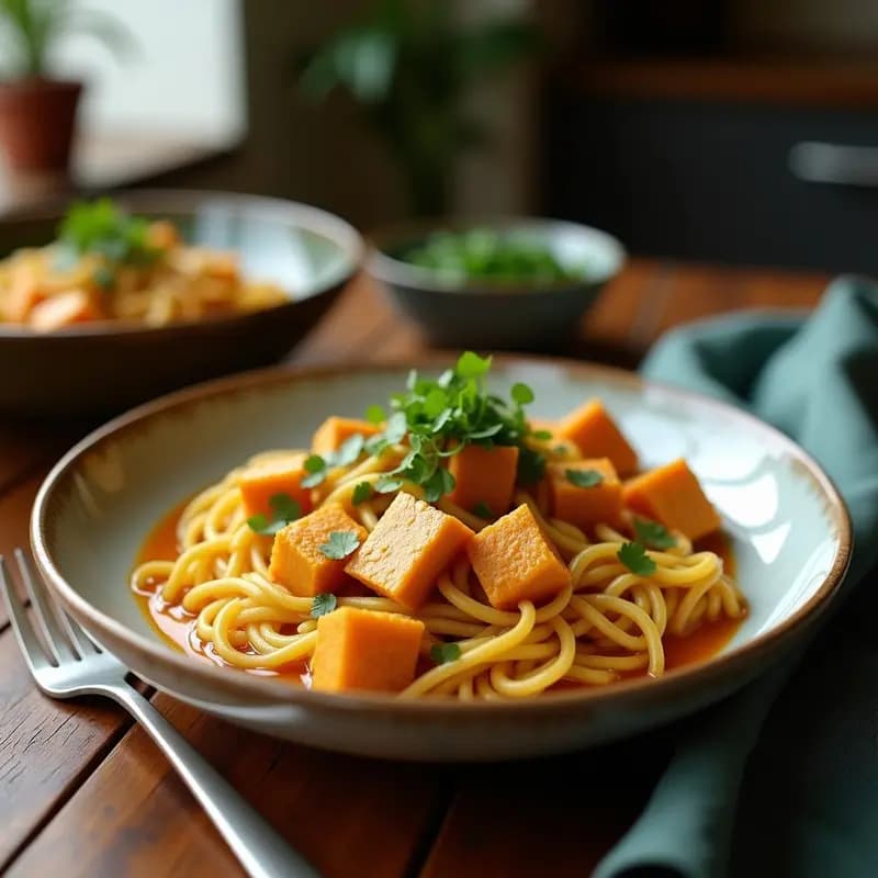 Plato hondo de cerámica blanca con Khao Soi vegano: curry tailandés cremoso de color dorado, tofu marinado en cubos, fideos de arroz gruesos, decorado con cilantro fresco, cebollín y rodajas de chile rojo sobre fondo de madera oscura.