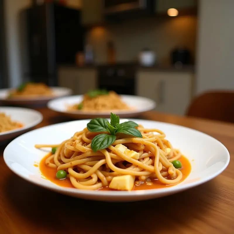 Bol hondo de cerámica blanca con Khao Soi vegano: caldo cremoso de coco y cúrcuma, fideos de arroz gruesos, tofu dorado, fideos crujientes, cacahuetes picados, cebollino y rodajas de lime. Plato tradicional tailandés de Chiang Mai en versión vegana.
