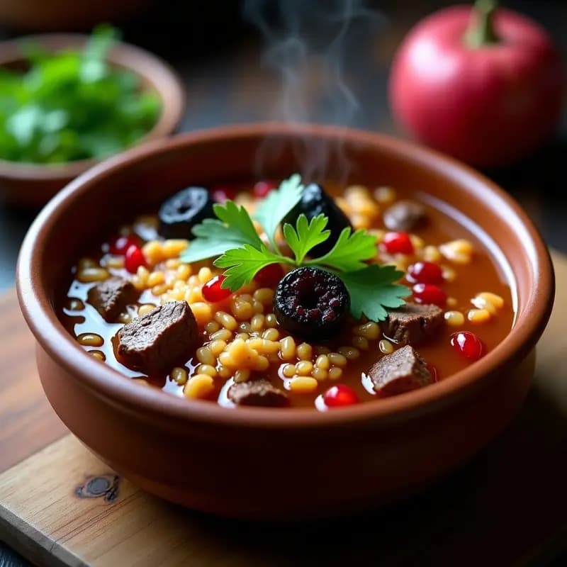 Plato hondo de barro con kharcho georgiano: sopa espesa de carne con ciruelas pasas, trozos de ternera, arroz y semillas de granada, decorada con cilantro fresco.