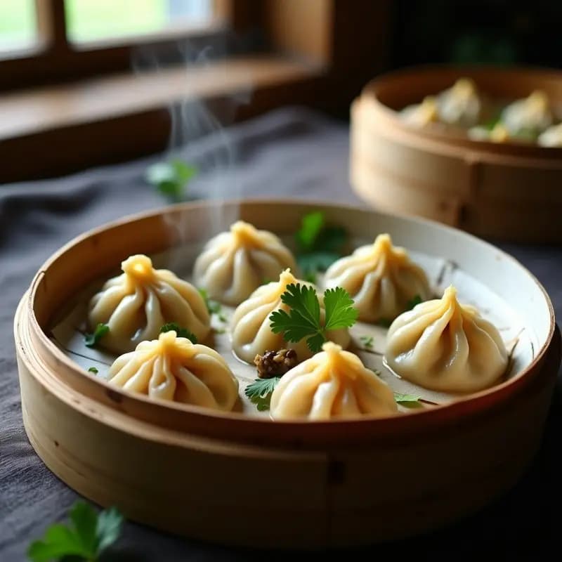 Khinkali georgianos al vapor con relleno de hongos portobello y hierbas frescas, dispuestos en una vaporera de bambú sobre un mantel rústico, con cilantro espolvoreado y vapor visible.