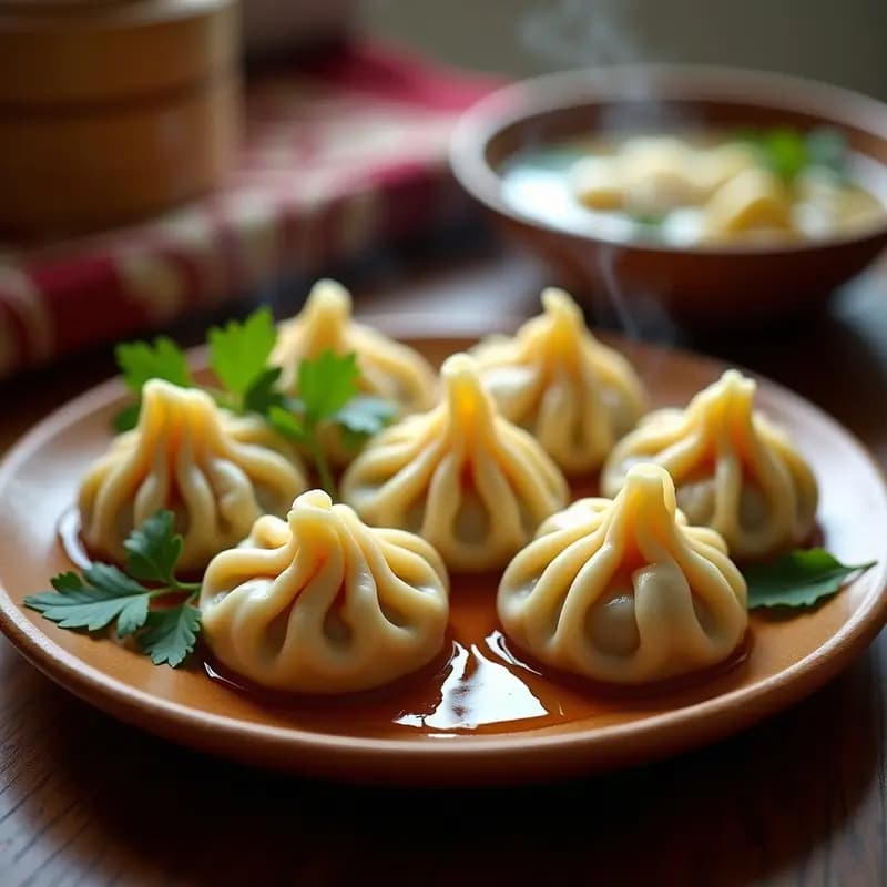 Khinkali georgianos de carne y caldo al vapor, empanadas redondas con pliegues característicos, rellenas de carne jugosa y caldo, servidas en plato de madera con cilantro fresco y mantequilla derretida.