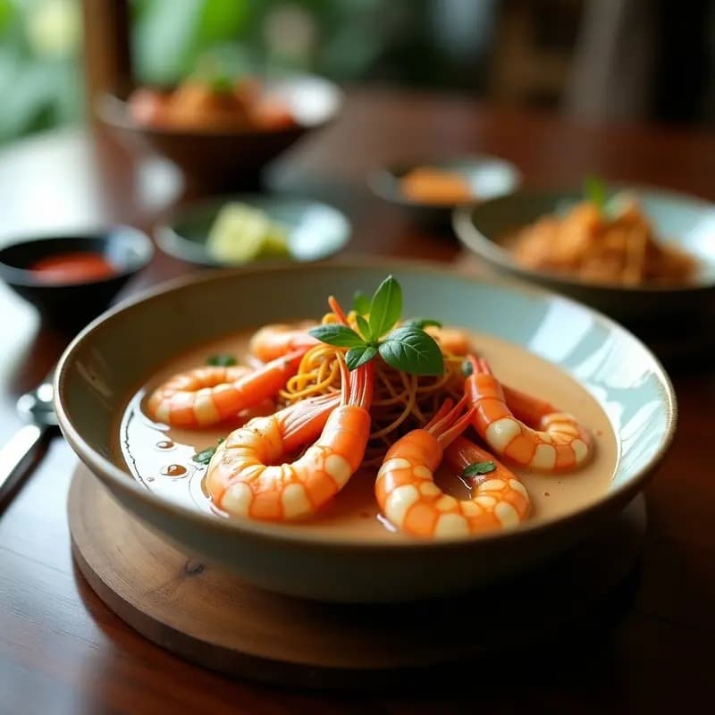 Wok negro humeante con Khot Pot Tailandés: camarones tigre bañados en salsa cremosa de leche de coco reducida, decorados con cilantro fresco y rodajas de lima. Plato tradicional tailandés picante y aromático.