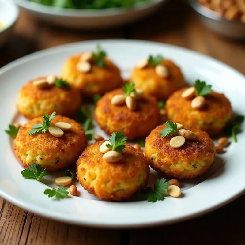 Croquetas árabes Kibbeh de Calabacín y Piñones doradas y crujientes, horneadas a la perfección, con piñones tostados y perejil fresco como decoración, sobre un plato de cerámica blanca con fondo rústico.